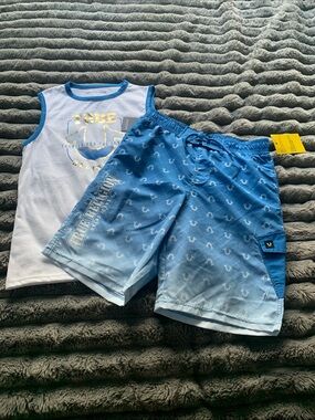 True Religion Blue Ombre Swim Shorts with White Tank Top